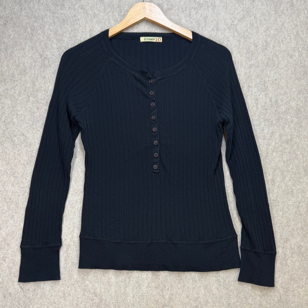 Elena Gilbert Y2K Black Ribbed Vintage Henley Long Sleeve Stamp 10 Womens M